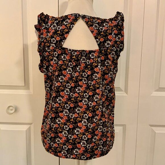 Loft Black Pink Floral Ruffle Trim Cotton Top Small - Picture 5 of 10